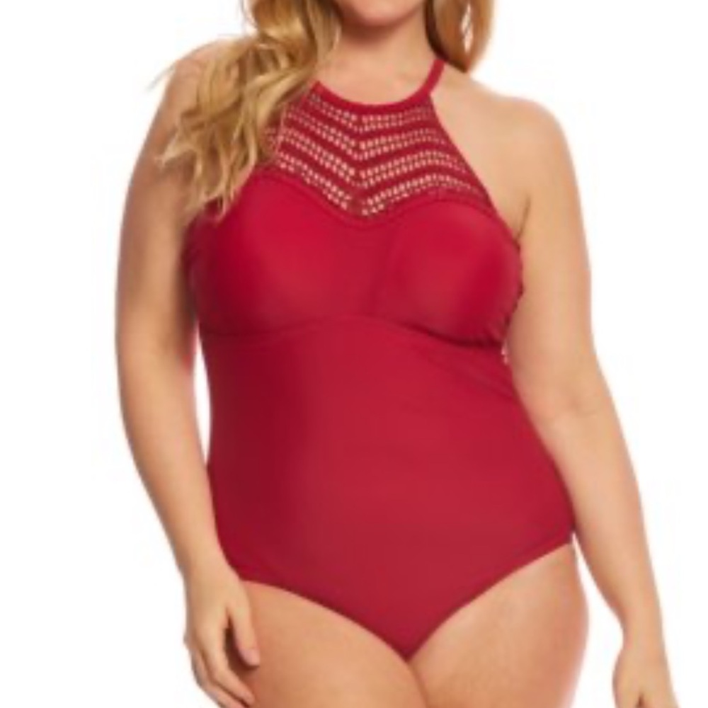 Raisins Curve High Neck Halter Burgundy One-Piece Swimsuit. New. 18W